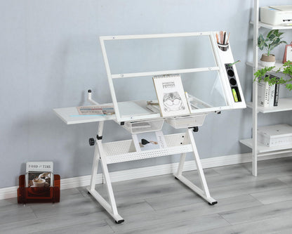 White Drafting Table & Stool Set, Height Adjustable Artist Stool and Craft Table, Drawing Desk, for Writing, Artwork, Artists Studio, Drafting Table & Stool Set, Artist Drafting Chair and Craft Table