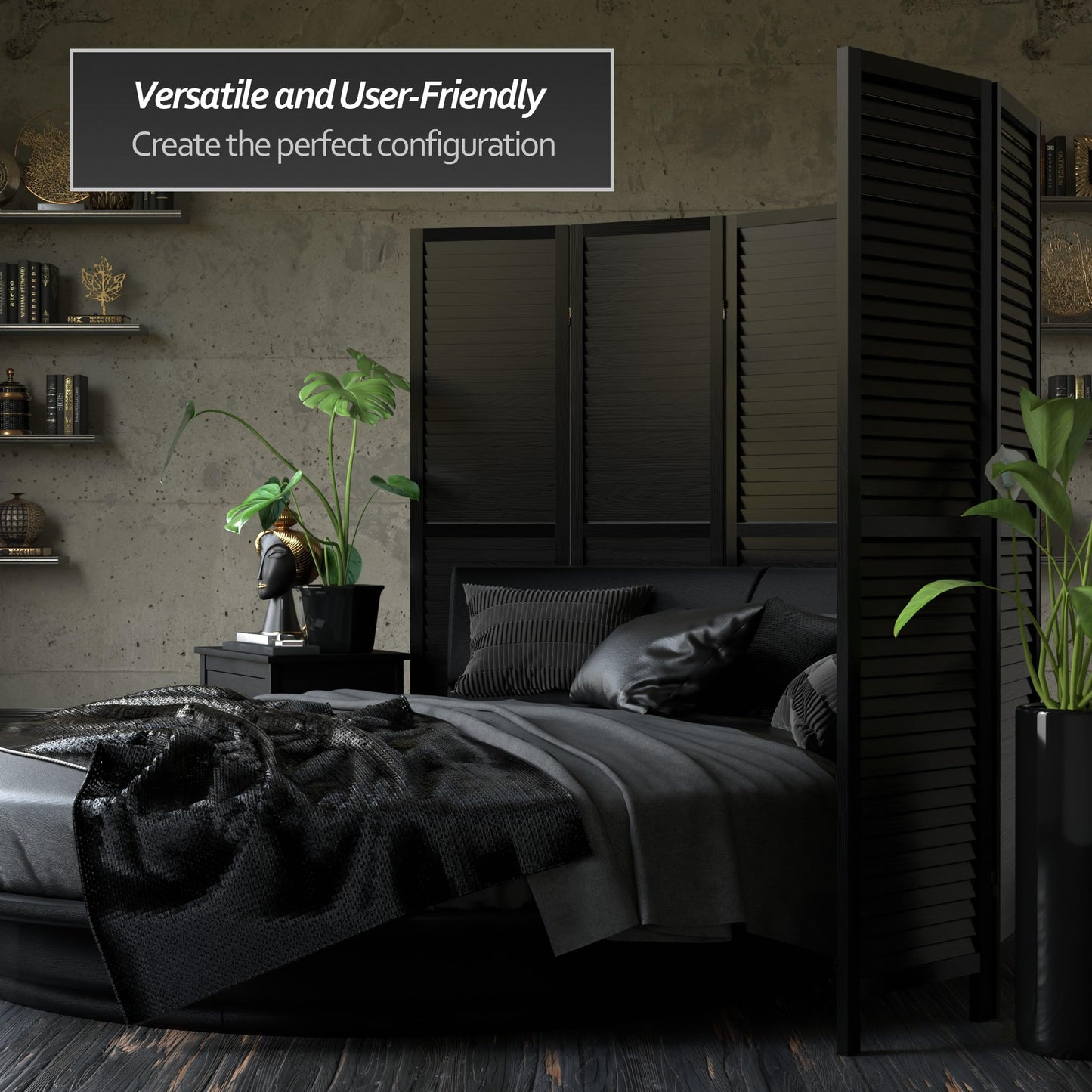 Red Lantern 6 ft. Tall Wooden Louvered Room Divider Black 3 Panel