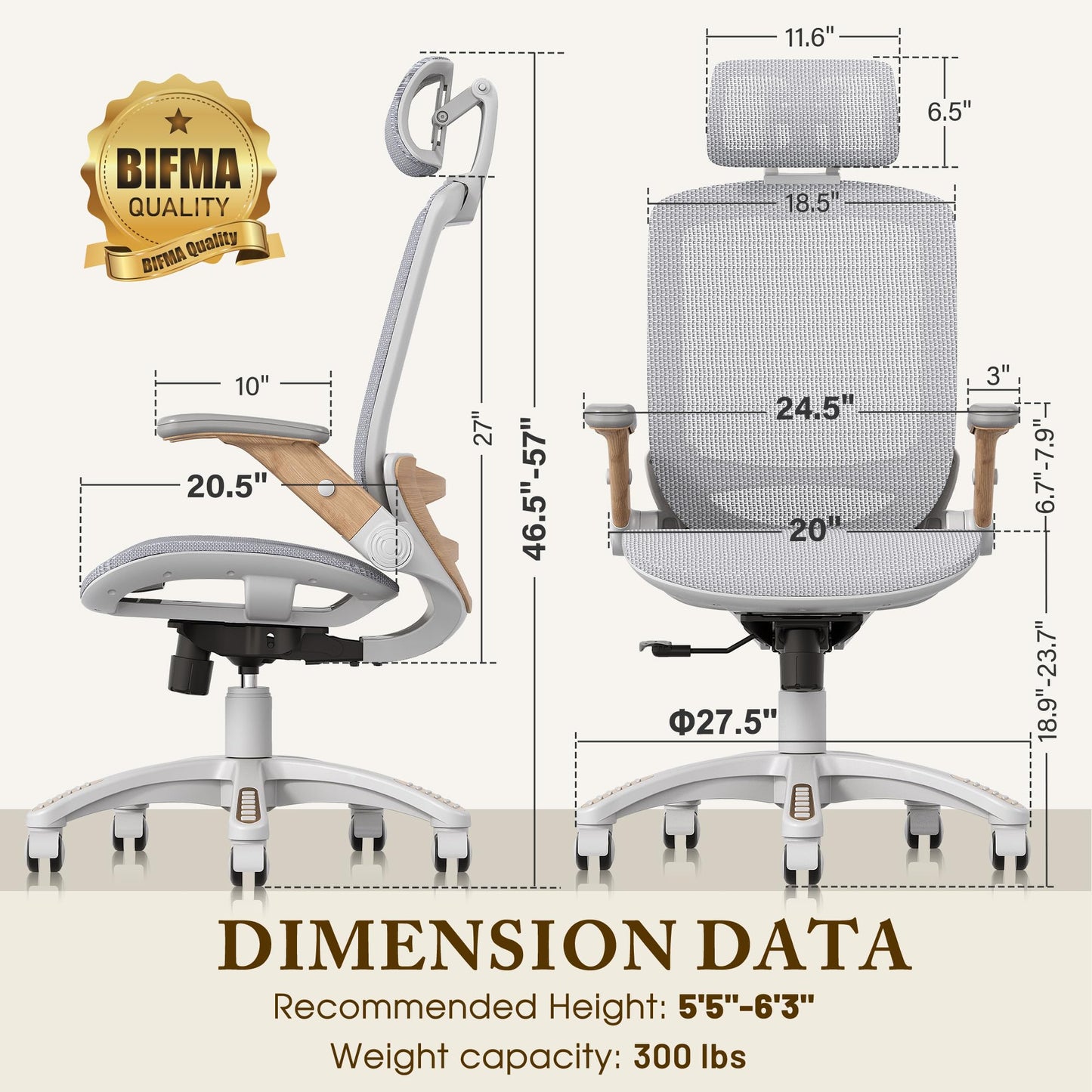 GABRYLLY Ergonomic Office Chair, High Back Home Desk Chair with Flip-Up Arms, Headrest, 90-120° Tilt and Wide Cushion, 300LBS White Mesh Chair for Work Gaming Study (GY01-NT, Woodgrain Pattern)