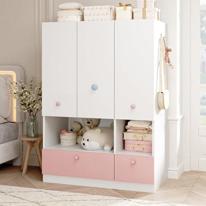 White Armoire Wardrobe Closet with Hanging Rod - Freestanding 3-Door Wooden Wardrobe Cabinet Closet for Bedroom & Dorm, Bedroom Armoires, Features Adjustable Shelves and Drawers for Toys & Clothes