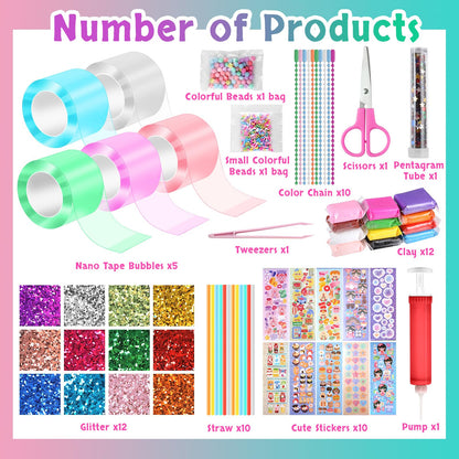 Needbrock 5 Pcs Nano Tape Bubble Kit,1m/3.28 ft Each Roll Nano Tape Bubbles Double Sided Tapes with Luxe Glitter, Clay, Beads, Cute Stickes Suitable for Over 3 Years Old