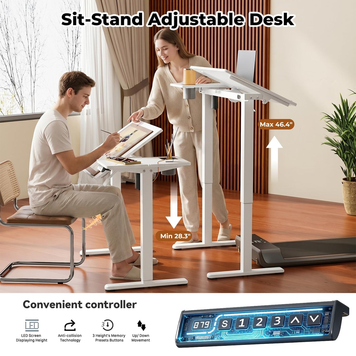 JOY worker Electric Drafting Table, 40×20" Height Adjustable Standing Art Desk, Drawing Workstation with 0‑90° Tiltable Surface, Cup Holder & Cable Management for Artist Craft Home Studio, White