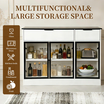 Ntufrest Buffet Cabinet with Drawers, Buffet Storage Cabinet with Transparent Glass Doors, Kitchen Supplies Storage Cabinet, Wooden Coffee Bar Table for Dining Room,Living Room Entrance, White