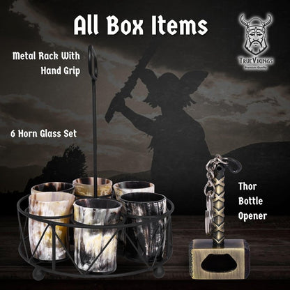 TRUE VIKING Drinking Horn Cup Set of 6 – Unique Viking Gifts for Men, Dad, Husband – Natural Ox Horn Shot Glasses with Thor Bottle Opener & Metal Caddy – Leak-Proof – For Beer, Ale, Mead (5 oz/Glass)
