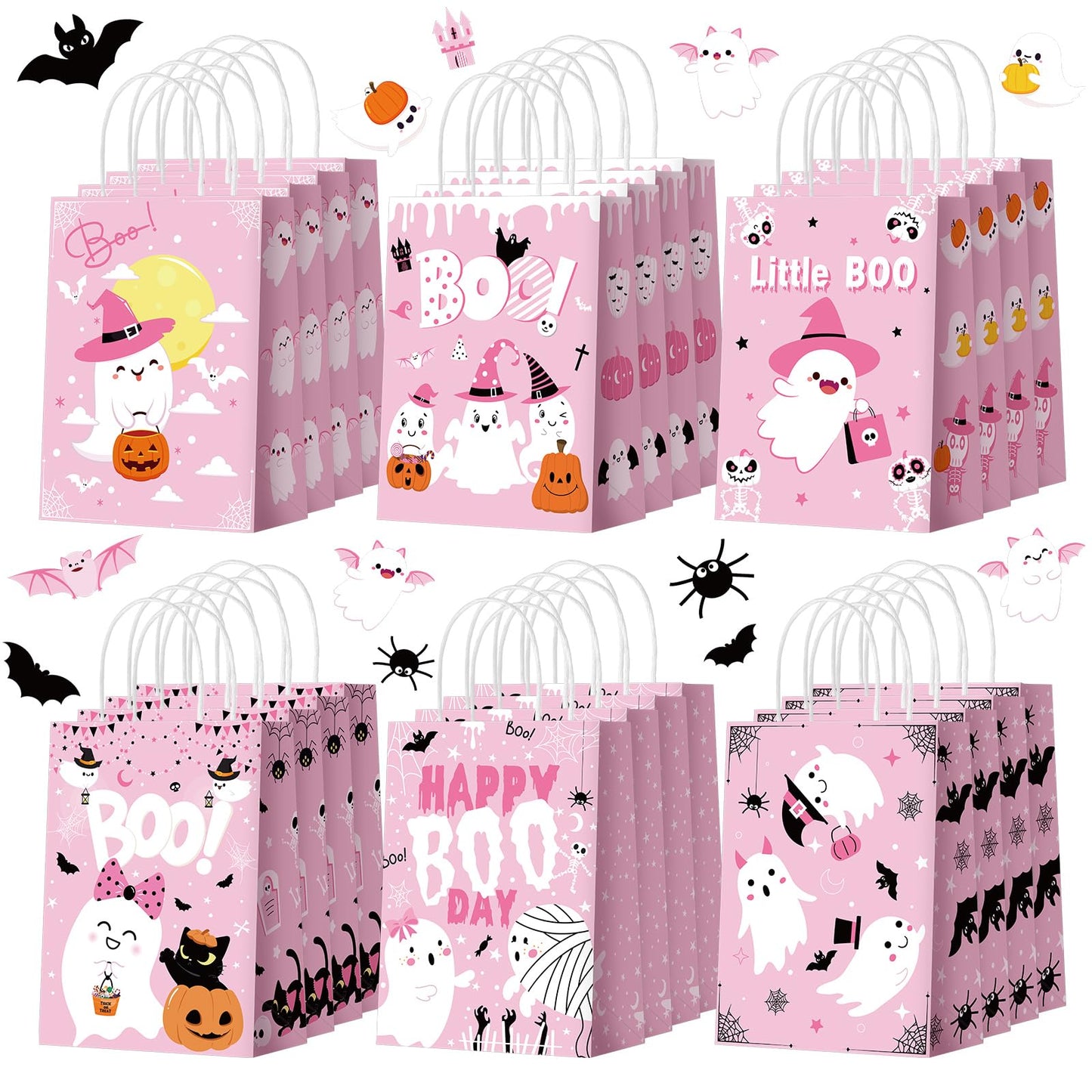 Zhanmai 24 Pcs Pink Ghost Halloween Party Favors Gifts Goodies Bags with Handles Halloween Paper Boo Bags for Candy Treat Snack Gifts Wrapping Birthday Party Supplies Decoration