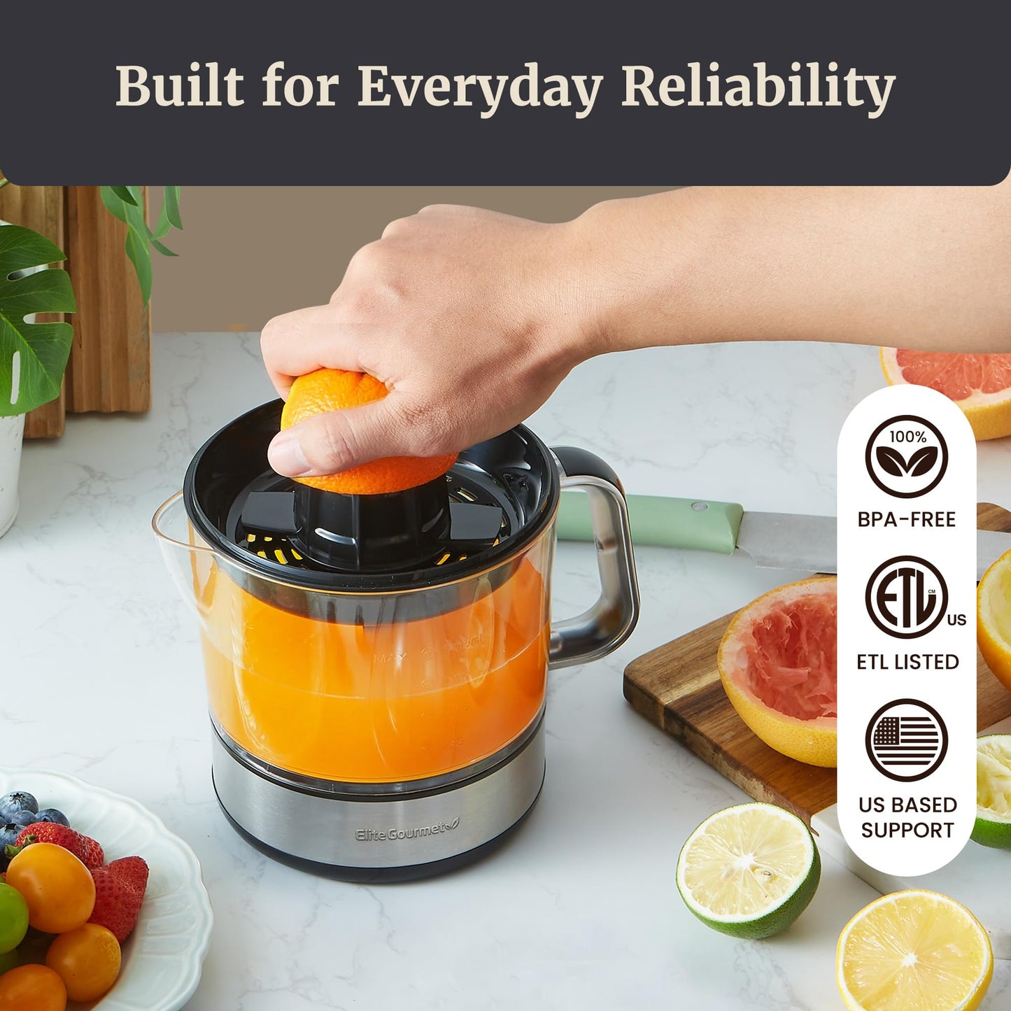 Elite Gourmet ETS326 BPA-Free 40-Watt Electric Citrus Juicer, Compact, Large Volume, Pulp Control, Oranges, Lemons, Limes, Grapefruits with Easy Pour Spout, 24oz, Black/Stainless Steel
