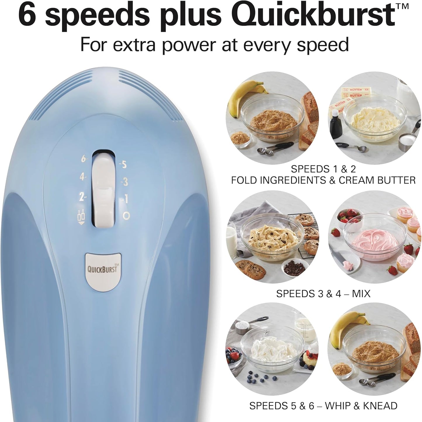 Hamilton Beach 6-Speed Electric Hand Mixer with Whisk, Dough Hooks, Easy Clean Beaters, 275 Watts, Blue