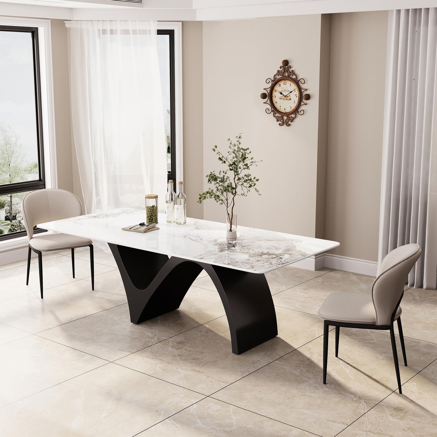 Modern Dining Table for 6, Sintered Stone Dining Tabletop with Unique N-Shaped Metal Base, 71" Rectangle Dining Table for Dining Room Table Kitchen (Table Only)