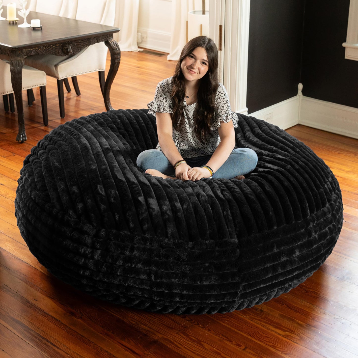 Jaxx 6 Foot Cocoon - Large Bean Bag Chair for Adults, Premium Luxe Faux Fur - Mondo Black