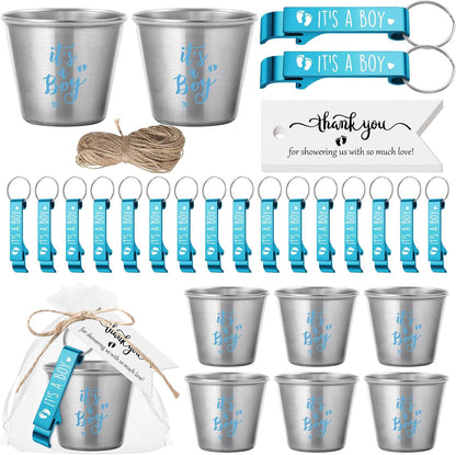 25 Sets 1.5 oz Vesici Baby Shower Favors for Guests Stainless Steel Shot Glasses Cute Bottle Opener Keychains Thank You