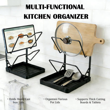 FKSWSQY Pot Lid Holder While Cooking, 2-Tier Heavy Duty Pot Lid Organizer with Drip Tray & U-Shaped Groove, Multifunctional Storage Rack for Stove Top & Kitchen Countertop - Black