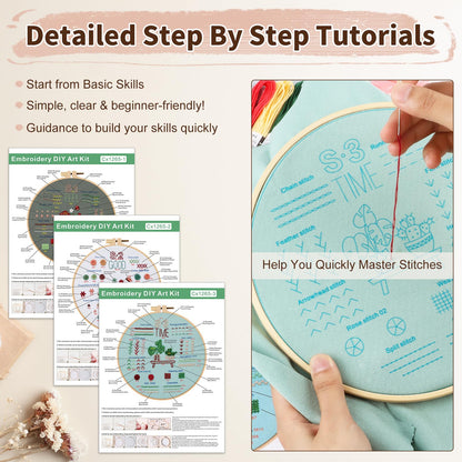 KintKita Embroidery Kit for Adults Beginners, 3 Stages to Learn 31 Basic Embroidery Stitches Practice Cross Stitch Kits for Beginners with Embroidery Patterns, Hoop,Threads,Tools