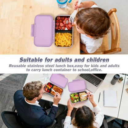Reeple Stainless Steel Lunch Box, Leak-Proof Metal Bento Box with Adjustable Divider, Lunch Container for School Office Picnics & Travel, Microwave-Safe, Purple