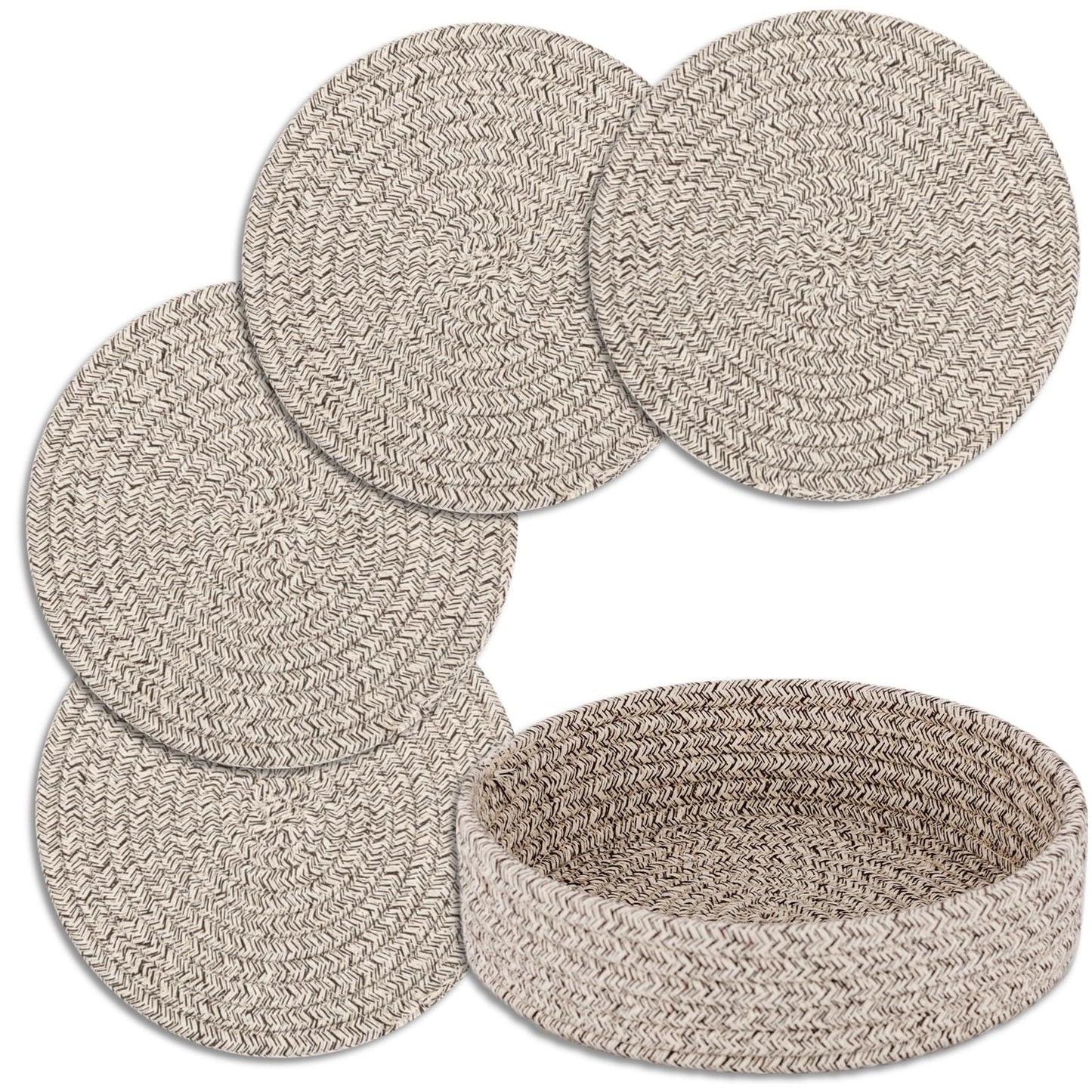 Trivets for Hot Dishes, Pots and Pans, Heat Resistant Hot Pads with Storage Basket, Pot Holders for Kitchen Countertop, Trivet Mats Home Essentials Farmhouse Decor (Brown 4 Pcs)