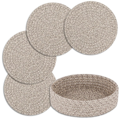Trivets for Hot Dishes, Pots and Pans, Heat Resistant Hot Pads with Storage Basket, Pot Holders for Kitchen Countertop, Trivet Mats Home Essentials Farmhouse Decor (Brown 4 Pcs)