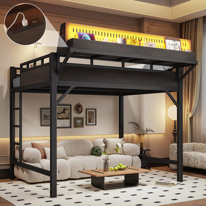 KEIKI Full Size Metal Loft Bed with Storage Shelves & Pegboard, Heavy Duty Loft Bed Frame with USB Ports and LED Lights for Teens Adults Apartments Guest Rooms & Modern Small Spaces