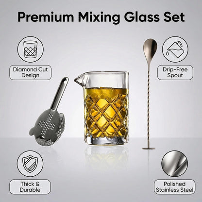 Fioance Cocktail Mixing Glass Set, Bar Mixing Set with 13.5oz Crystal Thick Bottom Glass,Spoon with Muddler and Strainer, Sturdy Hand Blown Seamless Crystal, Gift for Amateurs and Bartenders.