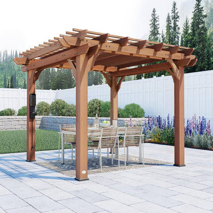 Backyard Discovery Beaumont 10' x 10' Traditional Cedar Wood Pergola Kit with Trellis Roof, All-Season Durability, High-Wind Rating, PowerPort, Shade for Outdoor Patio, Deck, Garden, and Entertaining
