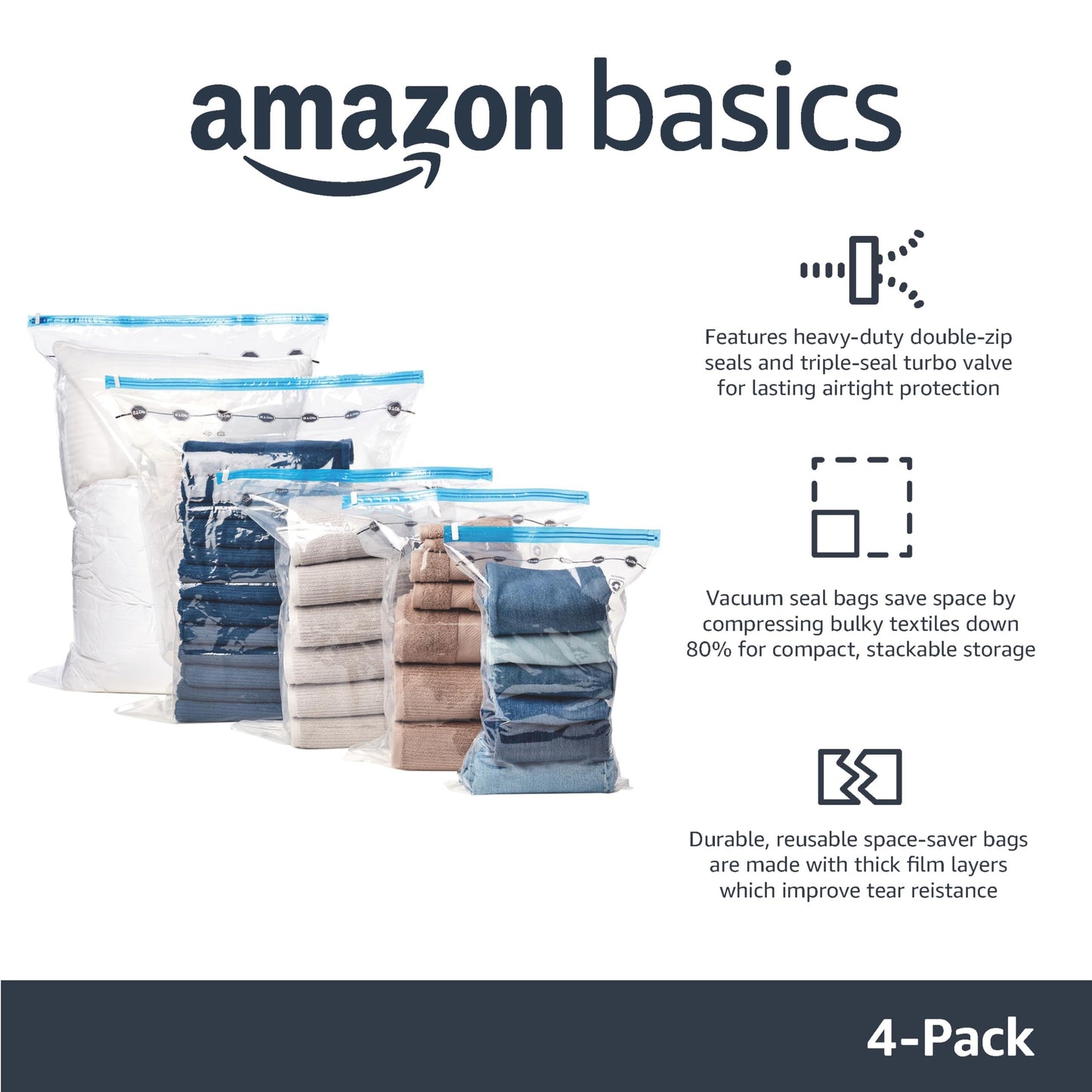 Amazon Basics Vacuum Storage Bags for Blankets, Vacuum Compression Space Saving Storage Bags with Hand Pump for Clothes Packing, X-Jumbo, 4-Pack