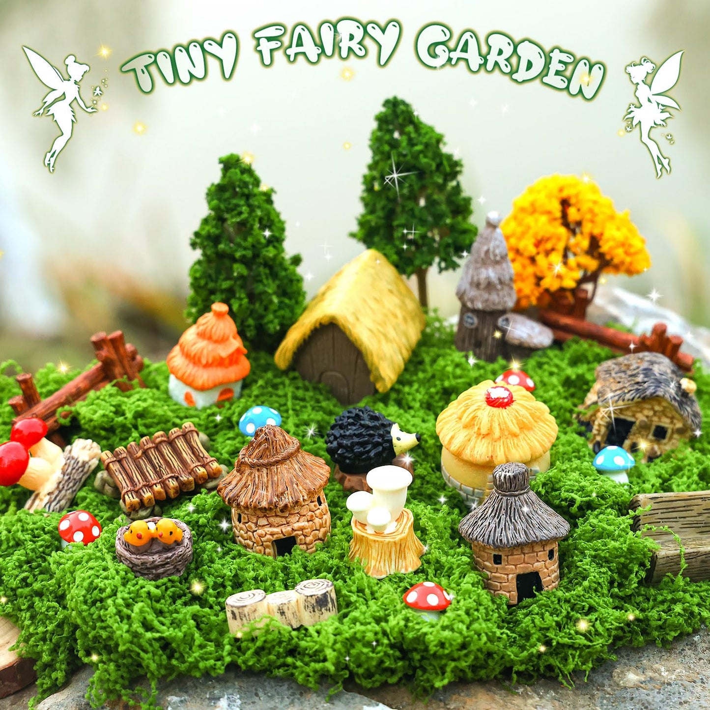 Ailefentene 84 Pcs Fairy Garden Accessories, Miniature Village Starter Kit with Moss Model Tree Tiny Resin Animal Figures, DIY Bonsai Micro Landscape Ornament for Terrarium Succulent Dollhouse Craft