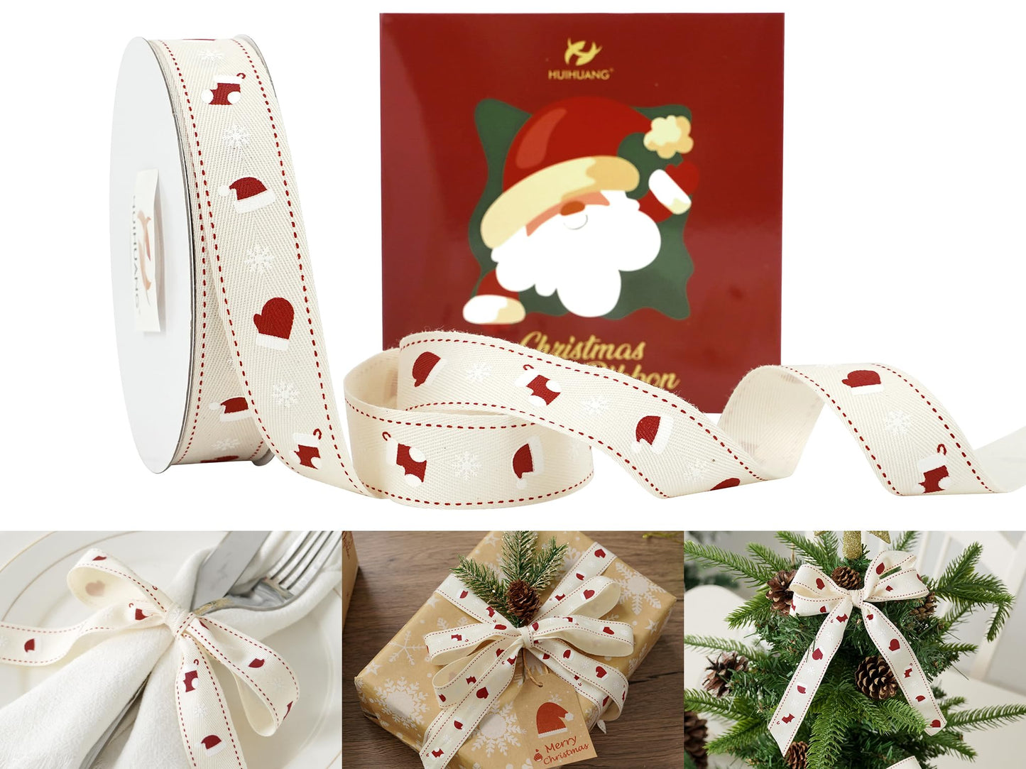 HUIHUANG Rustic White Christmas Ribbon for Gift Wrapping 7/8" Wide x 25 Yards Twill Cotton Ribbon with Snowflake & Stocking Ribbons for Home Decor, Tree Ornaments, Wreaths, DIY Crafts