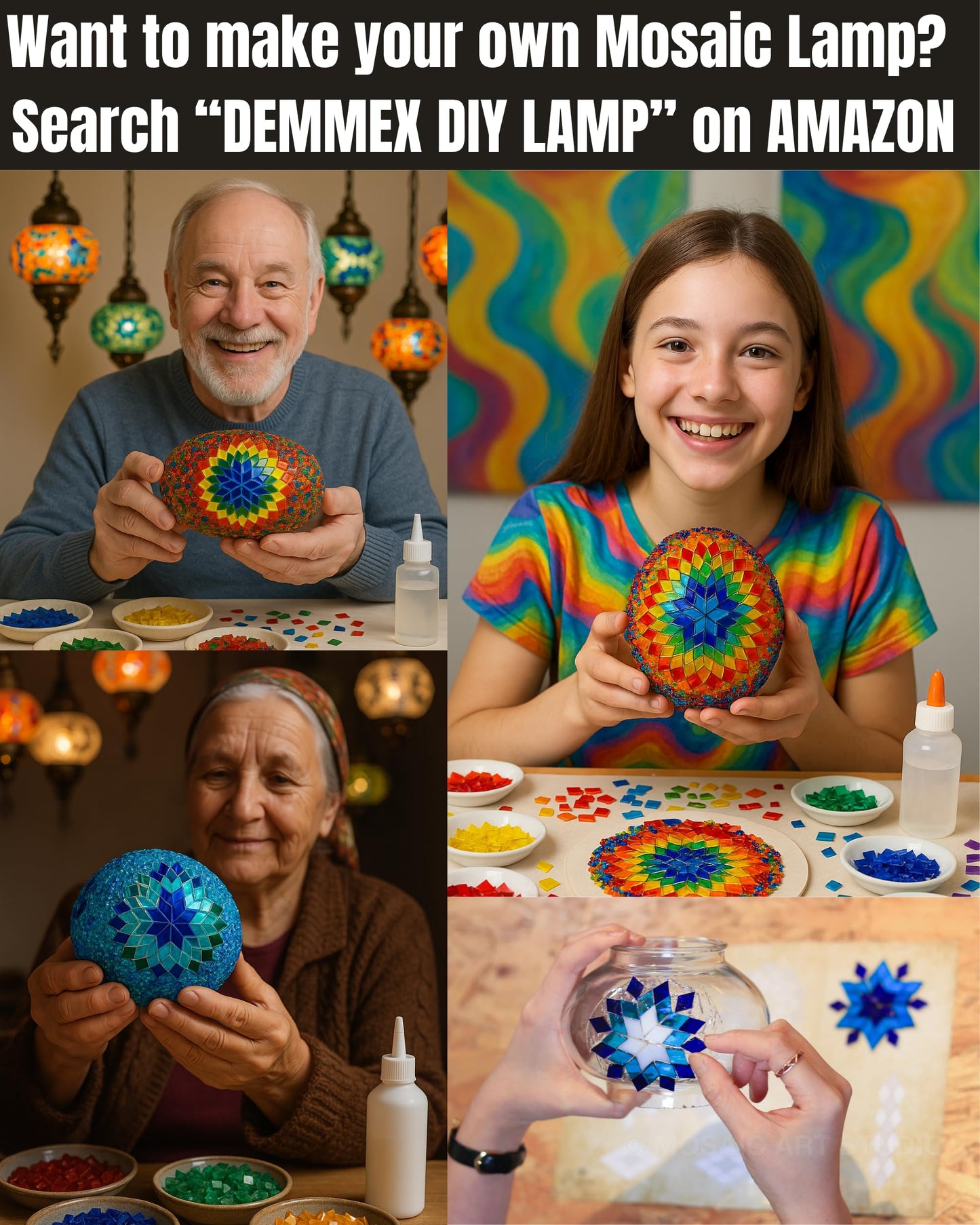 DEMMEX Turkish Table Lamp Moroccan Bedside Light Handmade Tiffany Mosaic Glass Boho Artisan Accent Lighting for Bedroom Living Room, Antique Brass Finish – 15" H, Multicolor