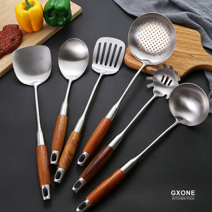 GXONE Slotted Spoon,304 Stainless Steel Skimmer Spoon with Heat Resistant Wooden Handle,Silver/15.8Inch