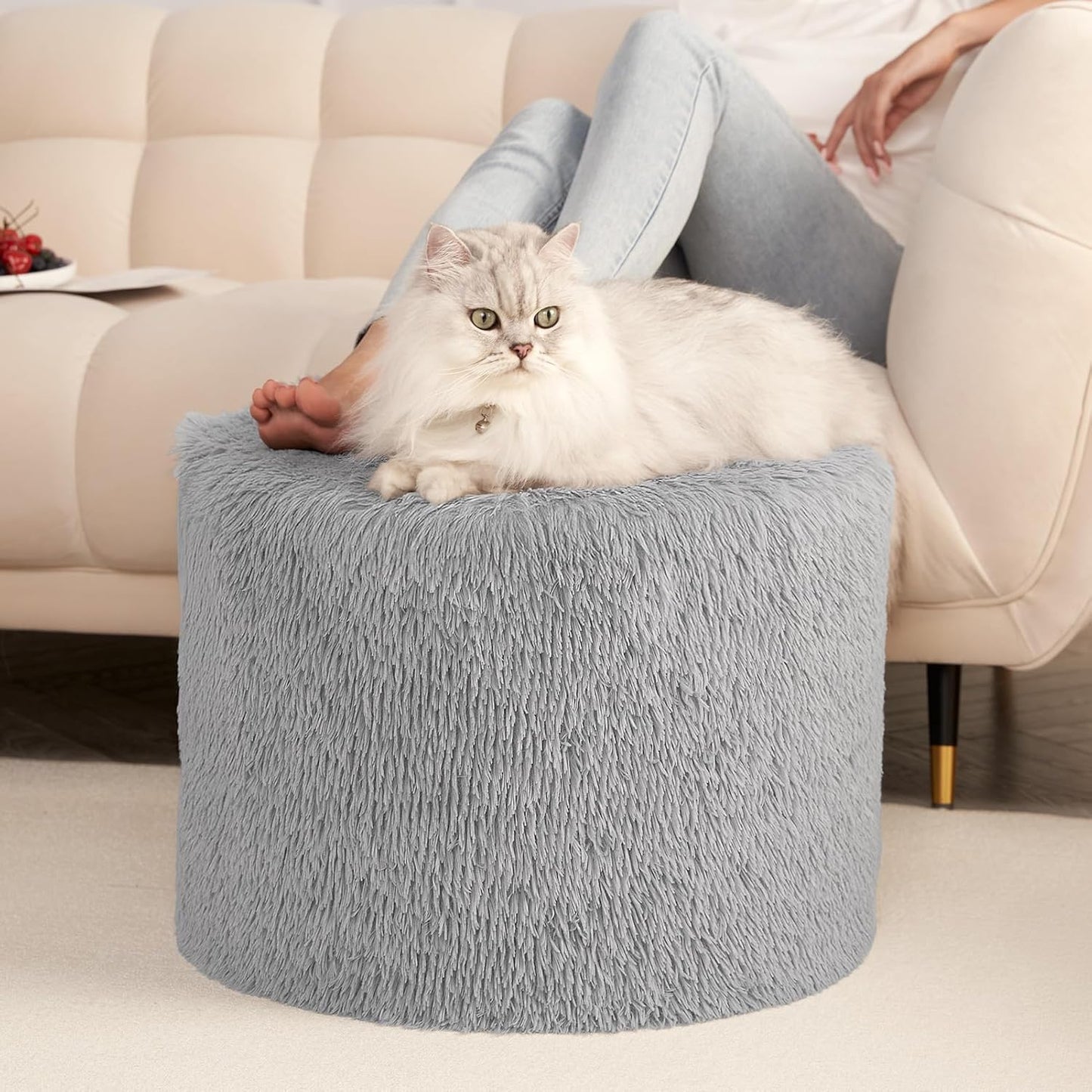 17 14, Hansleep Round Stuffed Pouf Ottoman x Foam Filled Faux Fur Ottoman Foot Rest for Chair with Washable Cover, Foot