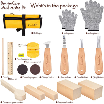 DenniesCare Wood Carving Kit Wood Whittling Kit for Beginners 20pcs Wood Carving Tools with 4pcs Carving Knife, Basswood Wood Blocks, Gloves, Storage Bag, Frosted Sponge, Gifts Set
