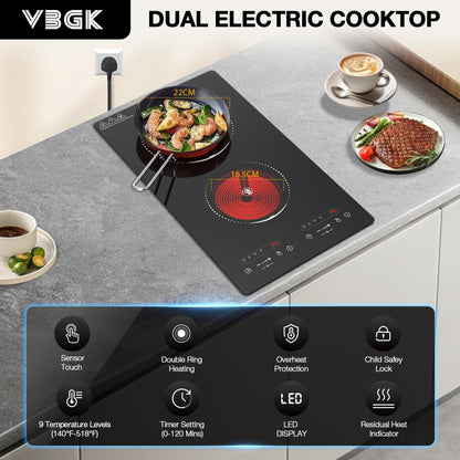 VBGK Electric Cooktop,110V 2100W 2 Burner Electric Cooktop,Countertop and Built-in Stove top with 9 Power Levels,Child Safety Lock, Timer, LED touch control,Overheat Protection
