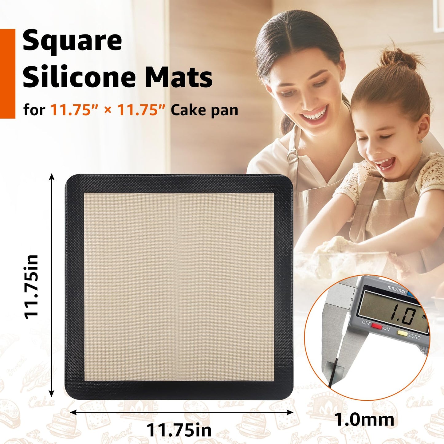 2Pcs Silicone Baking Mats for 12 Inch Cake Pan/12x12 Cheesecake Pan/Toaster Oven Air Fryer Liner, 11.75"Square Food Grade Silicone Mats for Baking, Non Slip Silicone Baking Sheet, Non Stick Reusable