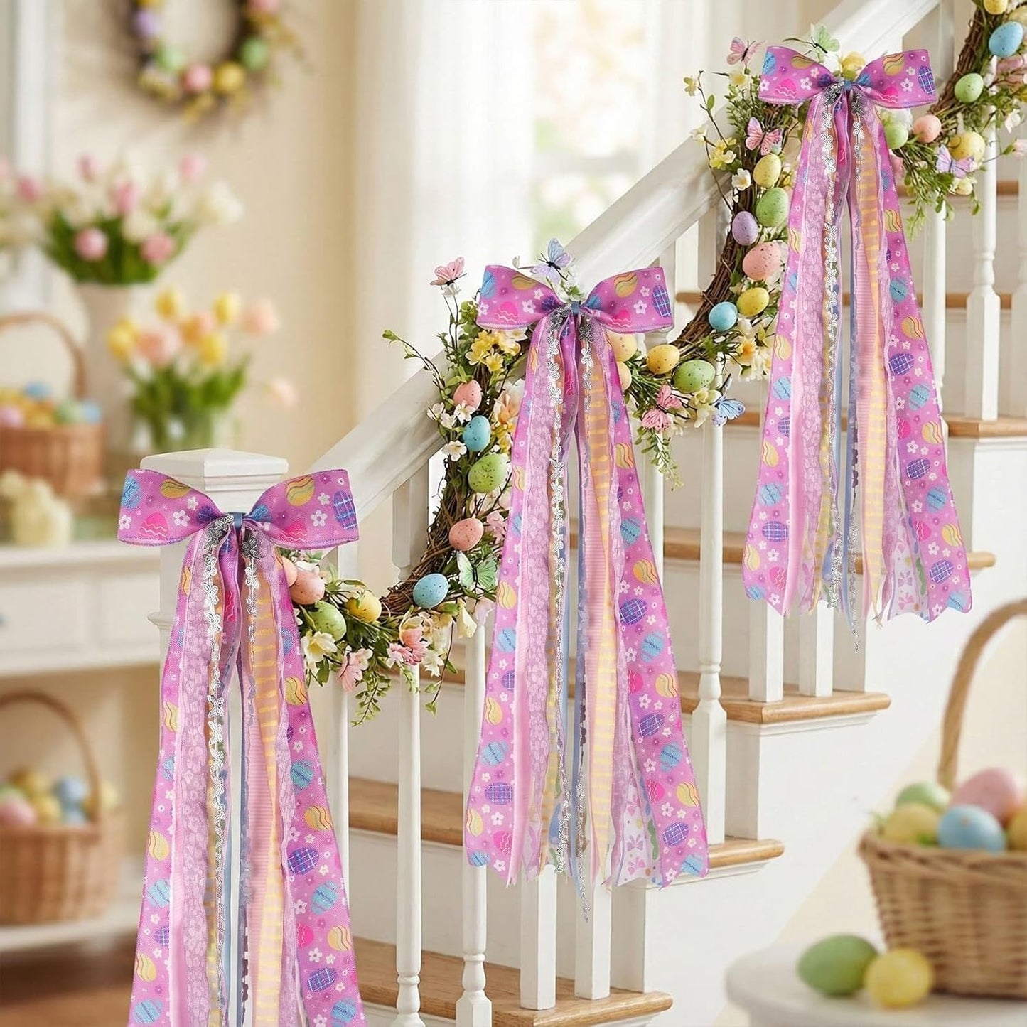 YKW Easter Bow Door Decoration - 27.5" Purple Lavender Floral Wreath with 8 Ribbons | Ready to Hang