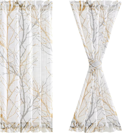 FMFUNCTEX White Sheer Front Door Curtains, 40 Inches Long Yellow Grey Print Branch Tree Half French Panel, 50 Inches