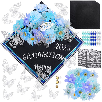 Kicpot Blue Graduation Cap Decorations Kit DIY Grad Cap Topper with Artificial Flower 3D Butterfly Rhinestones Alphabet Letter Number Stickers for 2025 Graduation Party Decorations Supplies (Blue)
