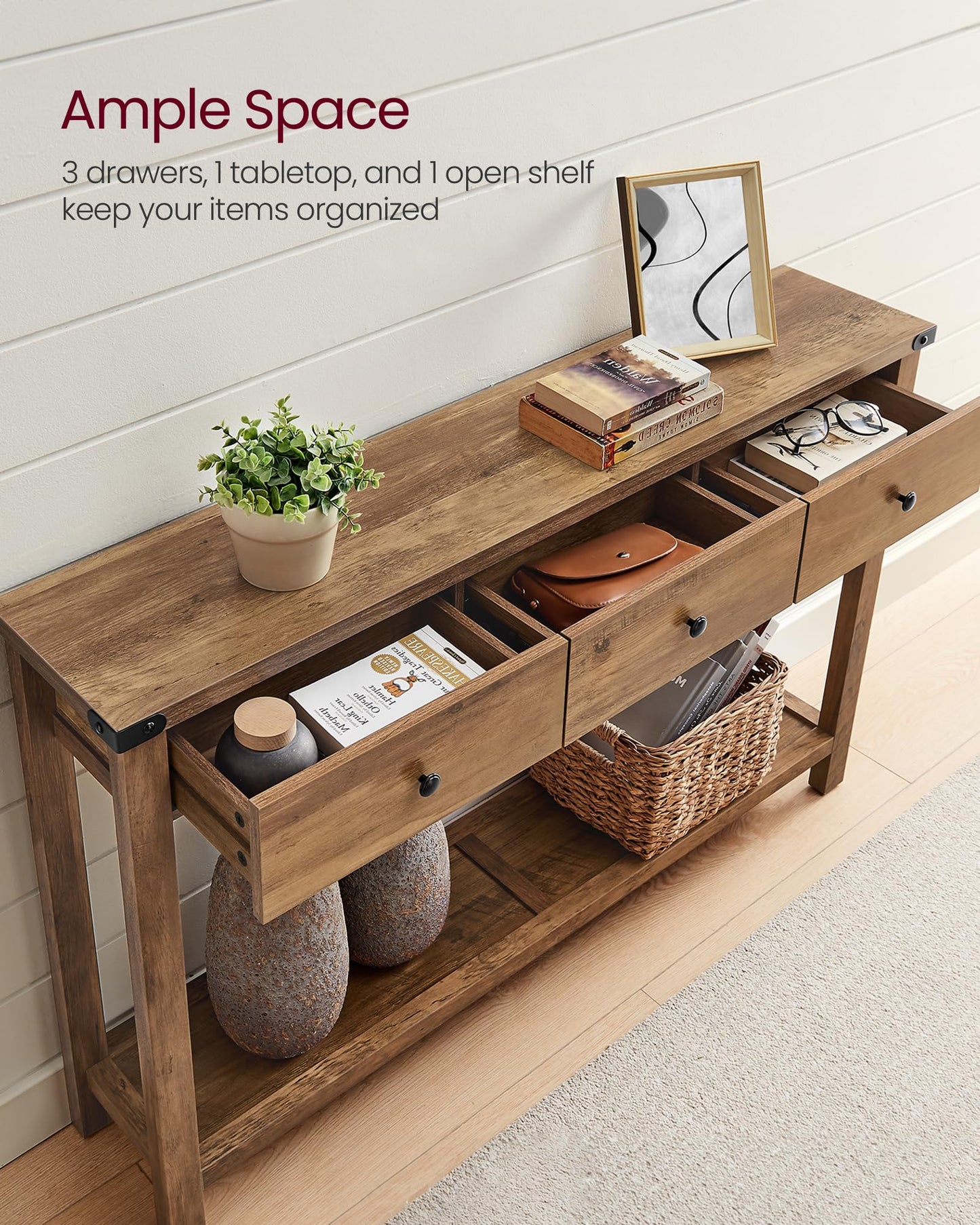 VASAGLE LIRY Collection - Console Table with 3 Drawers and Open Storage Shelf, Narrow Entryway Sofa Table for Living Room, Farmhouse Style, Metal Corners, Honey Brown ULNT142KB02S