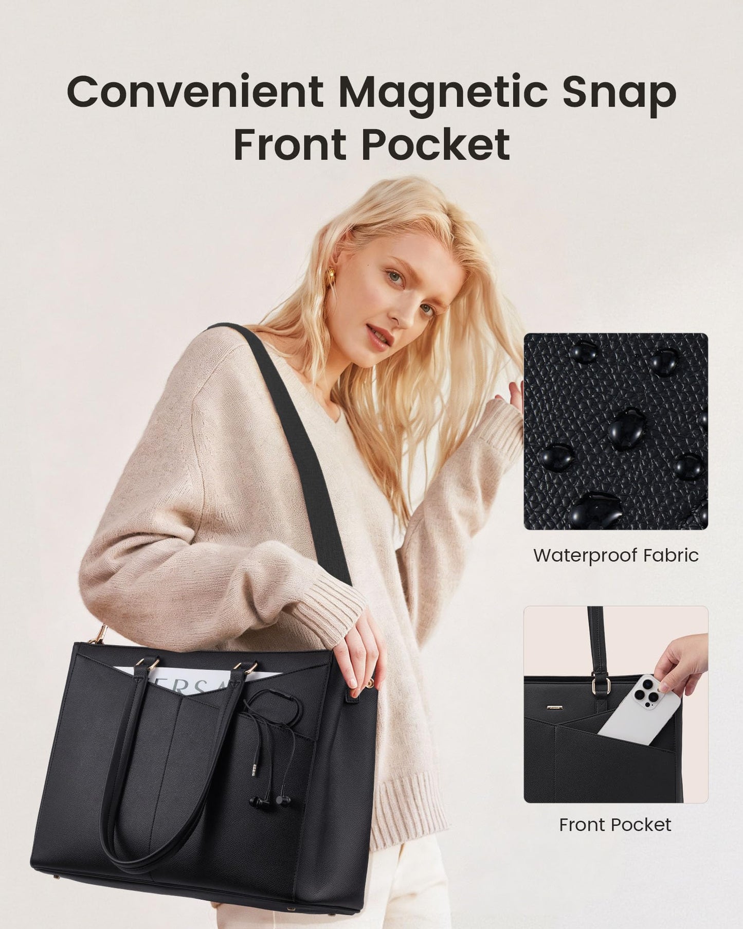 LOVEVOOK Lunch Tote Bag for Women, 3 in 1 Work Bag with Insulated Lunch Compartment, Laptop Bag with Large Cup Holder for Office, College, Casual, Black