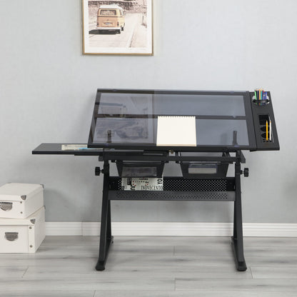 GOWE Black Adjustable Tempered Glass Drafting Printing Table with Chair