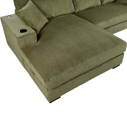 Merax Modern Oversized L-Shaped Sectional Sofa with USB Charging Port,Cup Holder, Comfy Corduroy 4-Seat Couch Set Sleeper Bed for Living Room,Green