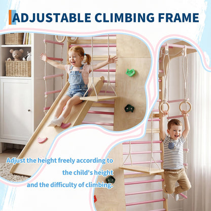ActiveTrail Multi-Functional Swedish Ladder Wall Gym, 79'' Wooden Wall-Mounted Climbing Set with Slide, Swing, Rope, Rings, Monkey Bars, Indoor Playset for Kids and Adults