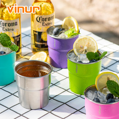 VINUR Kids Stainless Steel Cups-8 oz Stackable Metal Drinking Tumbler Glasses for Travel, Camping, Outdoors (Sky Blue-Orange-Hot Red-Apple Green)