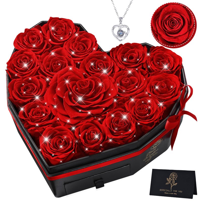 MARTINE MALL 17 Forever Flowers for Delivery, Mothers Day Birthday Gifts for Women Mom Glitter Preserved Real Roses in a Box Gifts for Girlfriend Wife Lasting Eternal Flowers with Necklace, Red