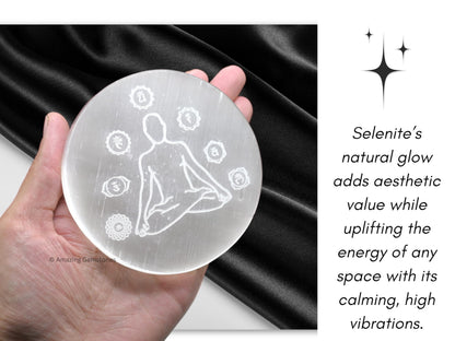 Amazing Gemstone Selenite Crystal Charging Plate For Crystals And Healing Stones, 3" Selenite Crystal Plate Engraved Buddha Coaster For Home, Office Table Decor (Selenite Round Disc)