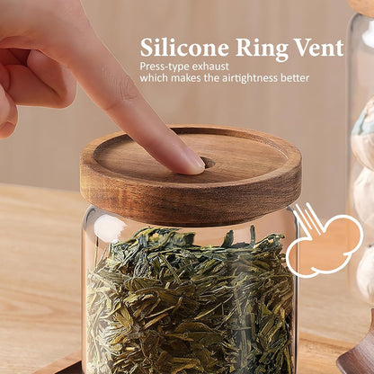 720ML/24Oz Clear Glass Storage Canister with Airtight Wood Lid, Modern Decorative Container for Coffee, Spice, Candy