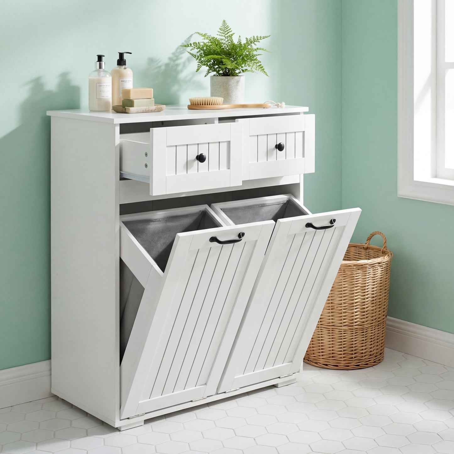 FEBORY White Laundry Cabinet with 2 Removable Hamper Baskets and 2 Drawers, Particle Board and MDF, 31.5 x 15.75 x 35.83 Inches
