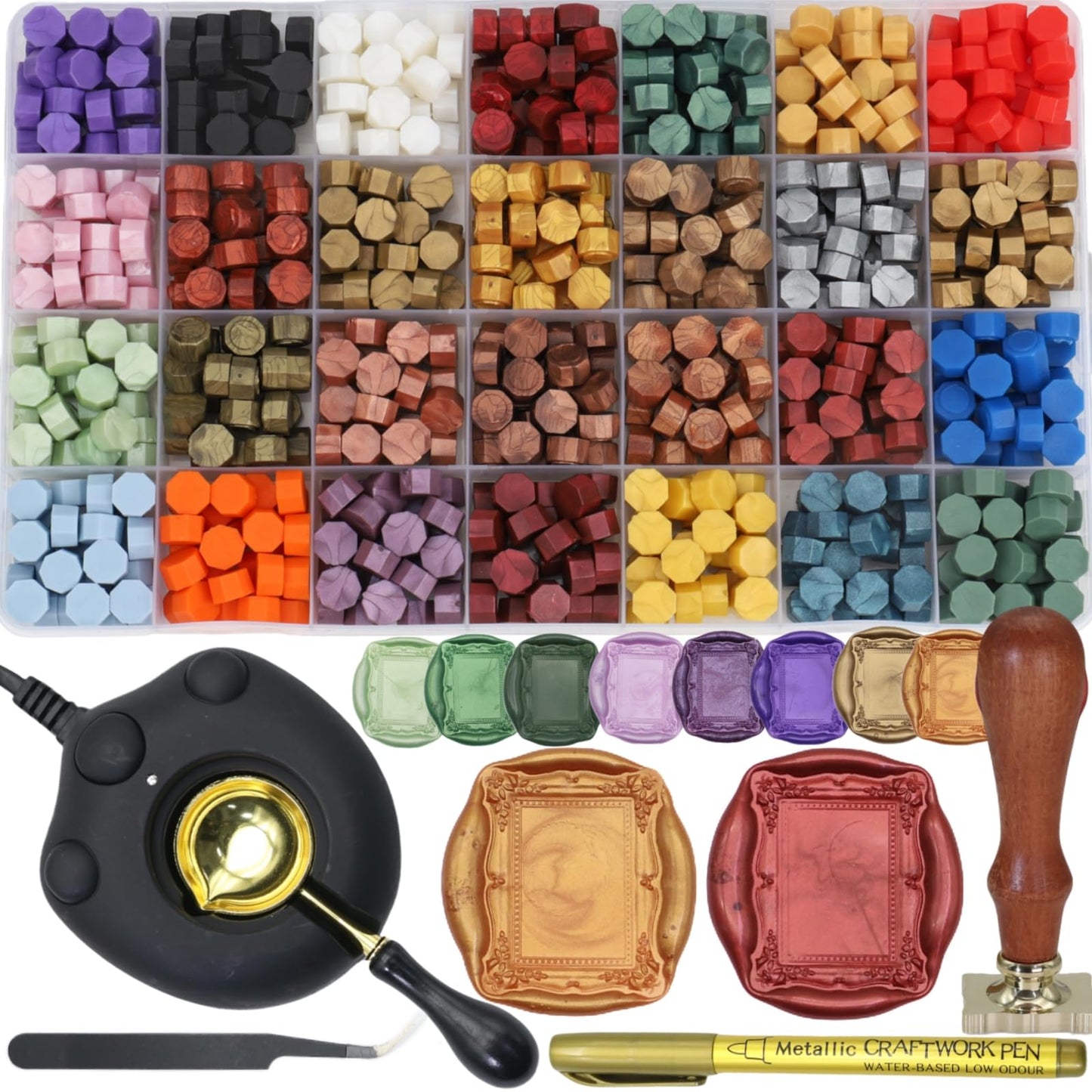 Frame Seal Stamp Kit, 728 Pcs Sealing Wax Beads Set with Electric Wax Seal Warmer Melting Furnace, Frame Waxstamp, Gold Melt Pen, Tweezer (K001)