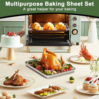 Baking Sheet Tray Cooling Rack with Silicone Baking Mat Set, Stainless Steel Cookie Pan For Oven, Set of 9 (3 Sheets + 3 Racks + 3 Mats), Warp Resistant & Heavy Duty & Easy Clean, Red