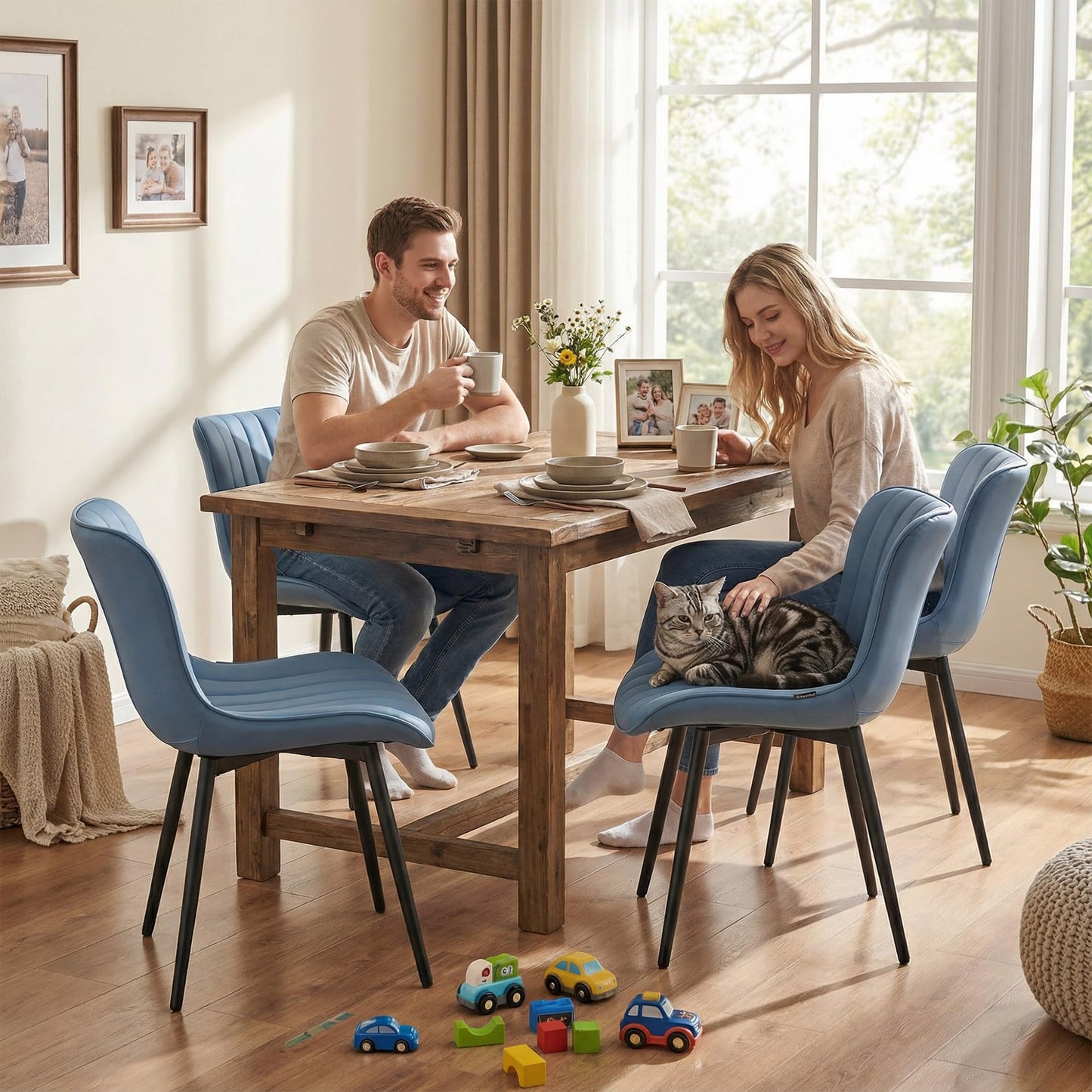 YOUNUOKE Mid-Century Modern Dining Chairs Set of 2, Blue PU Leather Upholstered Kitchen Chairs with Black Metal Legs, Armless Accent Chair for Dining Room, Guest Reception Room