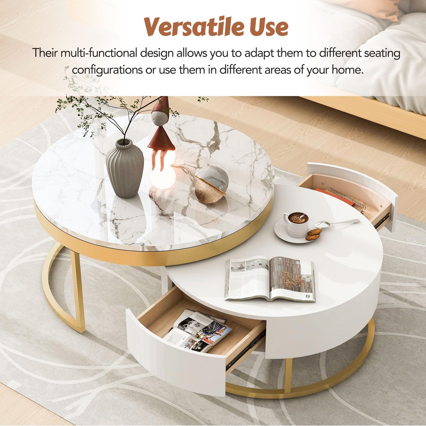 Merax 2-Piece Round Nesting Coffee Table Set with 2 Large Drawers, Marble Finish Tops & Ample Hidden Storage, Space Saving Modern Accent End Tables for Living Room, Apartment, White+Golden