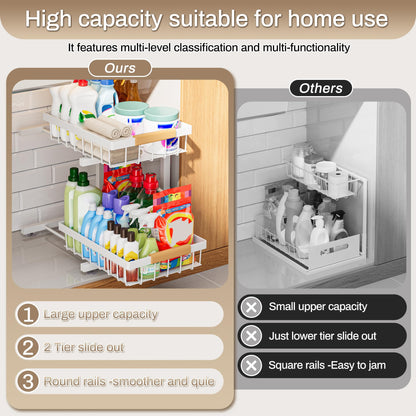 ADBIU Under Sink Organizer 2 Pack, Adjustable Height (11"-15.75") Under Cabinet Storage, 2 Tier Pull Out Sliding Drawers for Kitchen Bathroom, Heavy Duty Metal Shelf, White