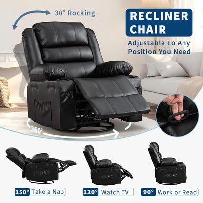Rocking Recliner Chair for Adults Wide 360° Swivel Rocker Recliner with Cup Holder Nursery Glider with Upholstered Deep Seat PU Leather Comfy Single Sofa for Living Room Black